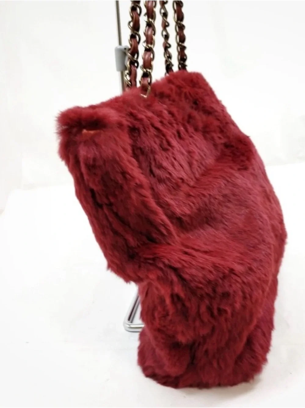 CHANEL Burgundy rabbit Fur Shoulder Bag with Chain Straps large